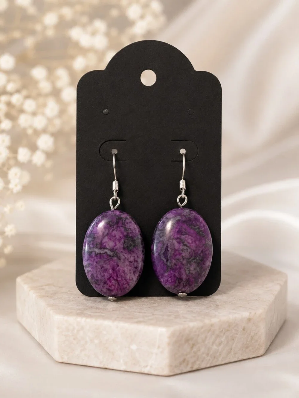 Purple Crazy Lace Oval Dangle Earrings | Handmade Statement Gemstone Earrings